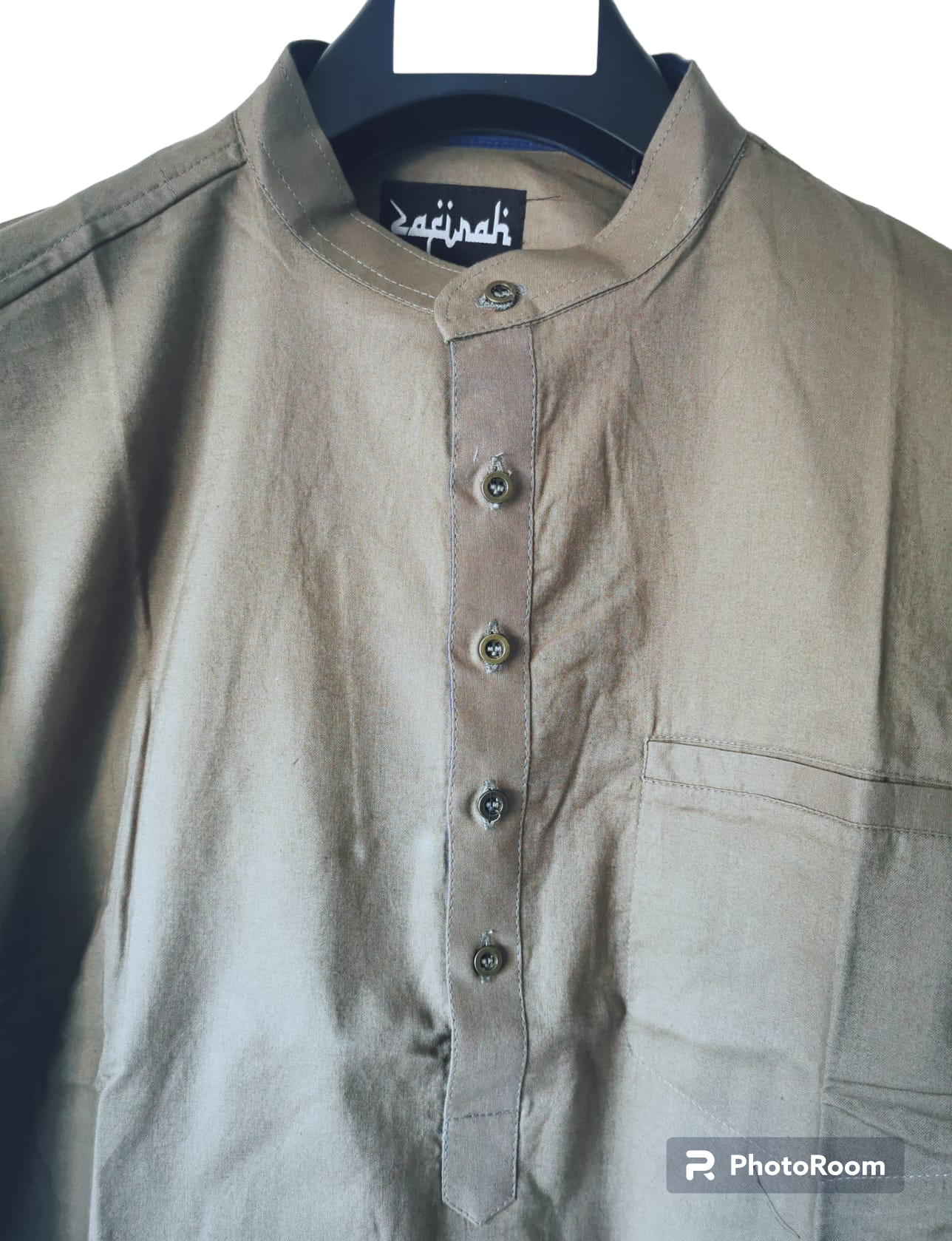 Experience Comfort and Style with Our Men's Kurta Style Long Sleeve 100% Cotton Khaki Shirt