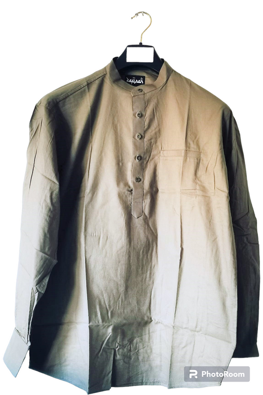 Experience Comfort and Style with Our Men's Kurta Style Long Sleeve 100% Cotton Khaki Shirt